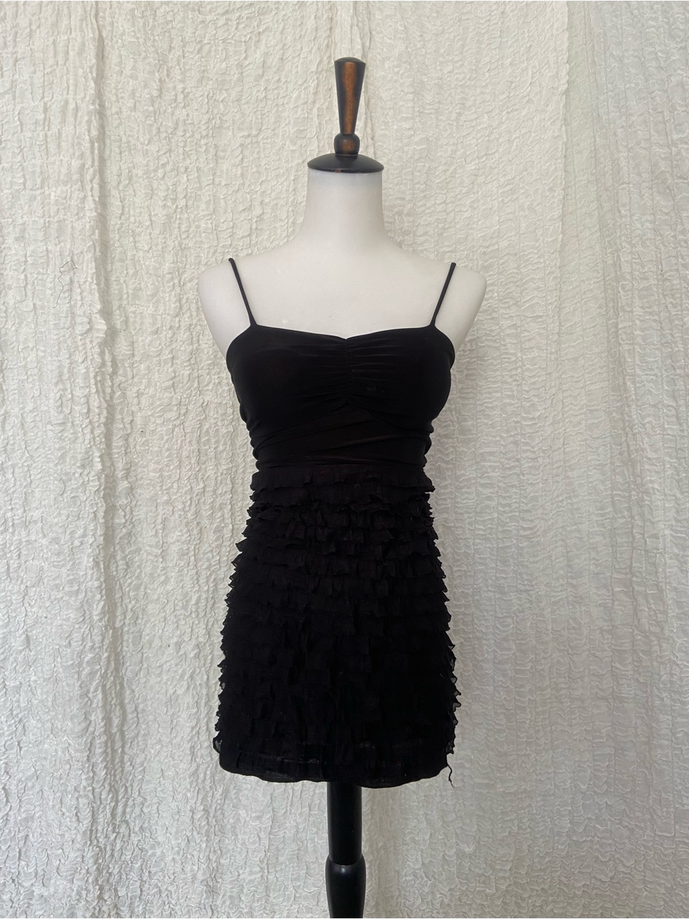 2000s 575 Black Spaghetti-Strap Ruffle Mini Dress